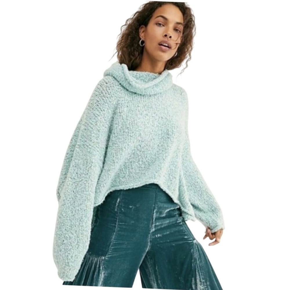Free People Aqua Star Sweater Roll Neck Size S Cozy Knit Relaxed Fit Sz S